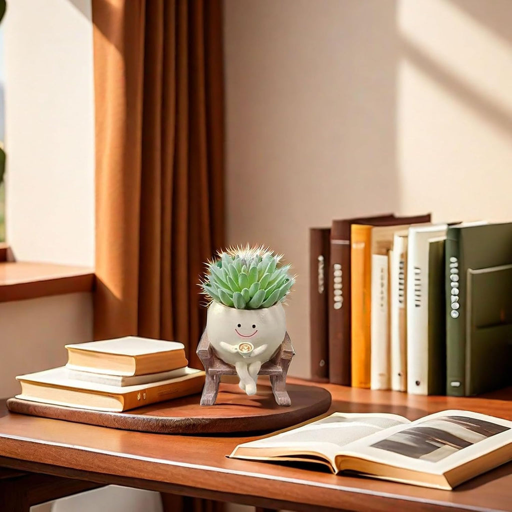 Funny Succulent Pots Rocking Chair Plant Pot With Coffee In Hand,Smily Face Planter Pot Cute Resin Flower Head Planters