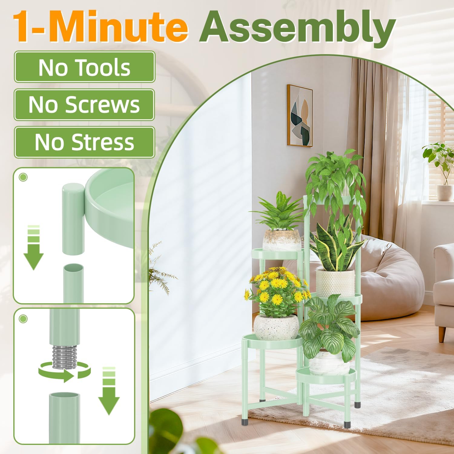 iDavosic.ly Plant Stand Indoor Outdoor, 5 Tier Metal Corner Shelf, Green | Tiered Flower Display Holder, Folding Multi