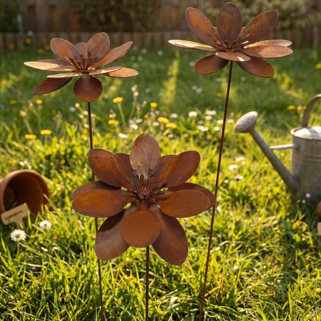Rustic Metal Coneflower Garden Stakes, Set of 3, Rusted Iron Daisy Yard Art, 14x4 Inch, Weather-Resistant Lawn Pathway