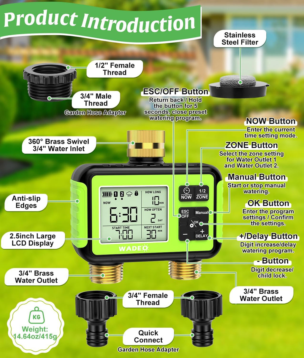 Brass 2 Zone Water Hose Timer, Waterproof Programmable Sprinkler Timer | Automatic Two Zone Irrigation Controller with