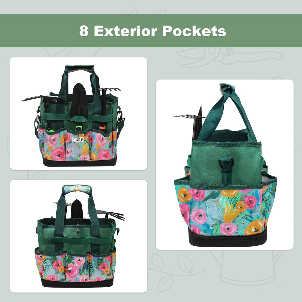 Hard Bottom Floral Garden Tool Tote Bag with Shoulder Strap | Gardening Tote Organizer with 8 pockets, Padded Handles