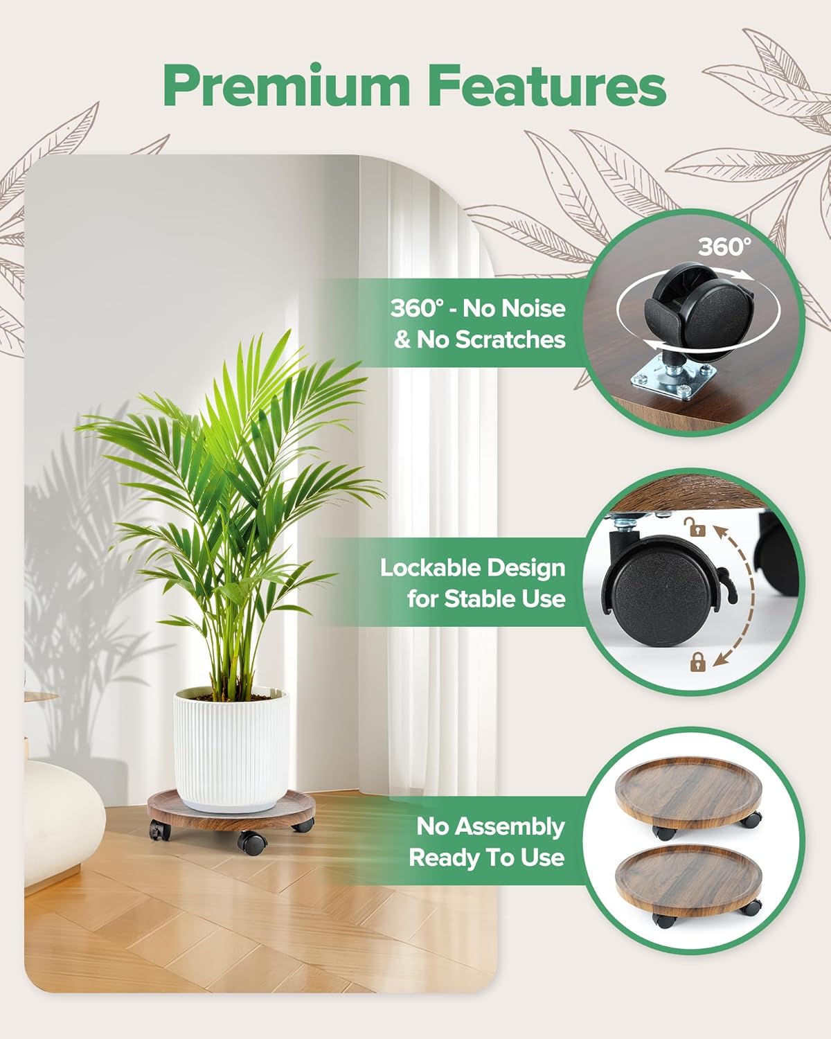 2 Pack Plant Caddy with Wheels, 14" Wood Rolling Plant Stand with 360° Lockable Wheels, Plant Stands Outdoor for Large