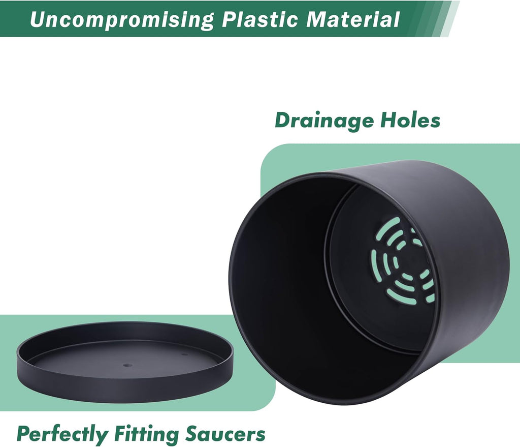 D'vine Dev 4-Pack Black Plastic Planters with Saucers, 6 in, 74-Y-J-2 | Lightweight Durable Build, Matte Finish