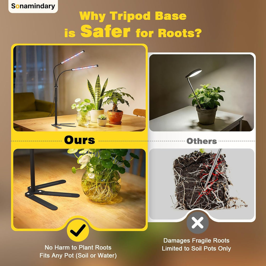 LED Grow Lights for Indoor Plants, Tripod Stand, Dual Head | 120 LEDs, Upgraded 9V System, 9.8-35 in Adjustable Tripod