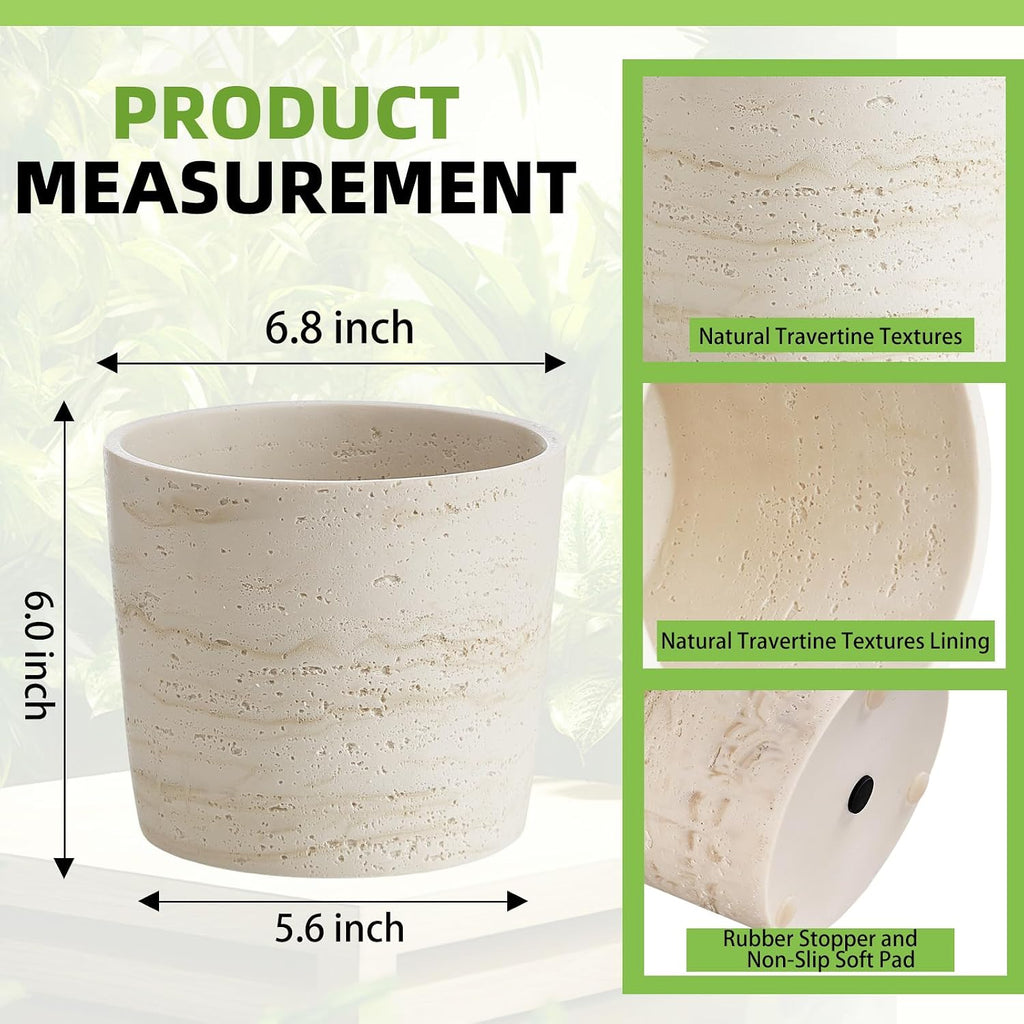 Ekirlin 7 Inch Natural Travertine Textures Plant Pot, Resin Outdoor Planter with Drainage Hole, Removable Rubber