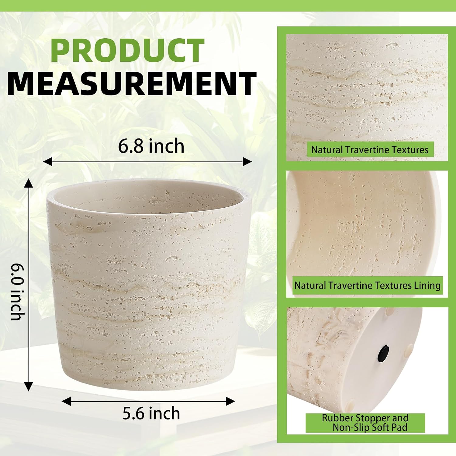 Ekirlin 7 Inch Natural Travertine Textures Plant Pot, Resin Outdoor Planter with Drainage Hole, Removable Rubber
