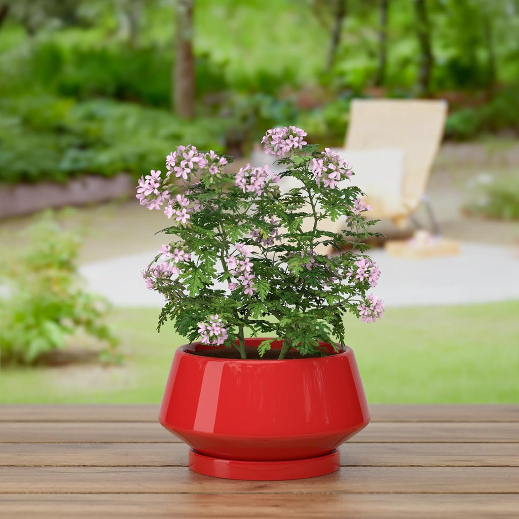 10 Inch Red Ceramic Planter with Drainage Hole and Saucer | Ideal for Indoor and Outdoor Plants, Modern Home Decor