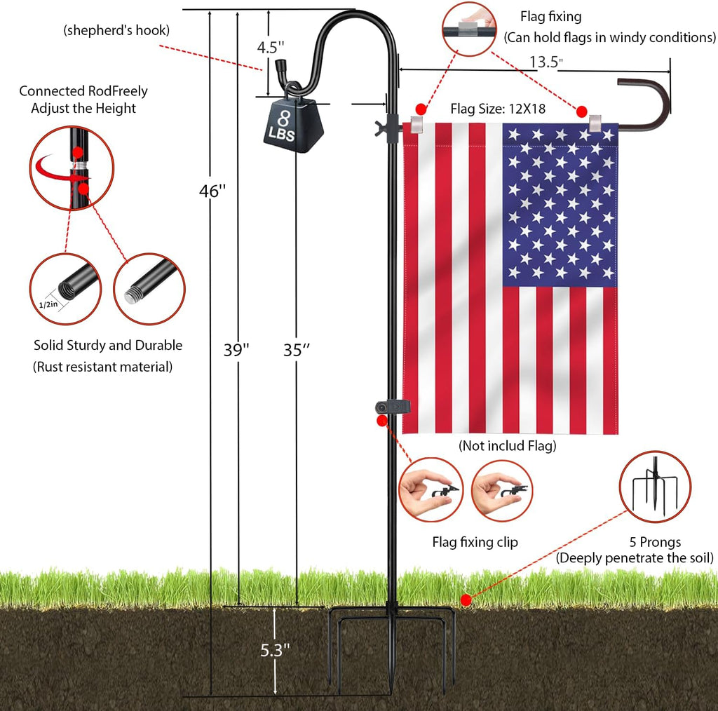 Garden Flag Pole Holder, Metal Garden Yard Flag Stand with Shepherd Hook | 46in Heavy Duty Metal Flag Holder