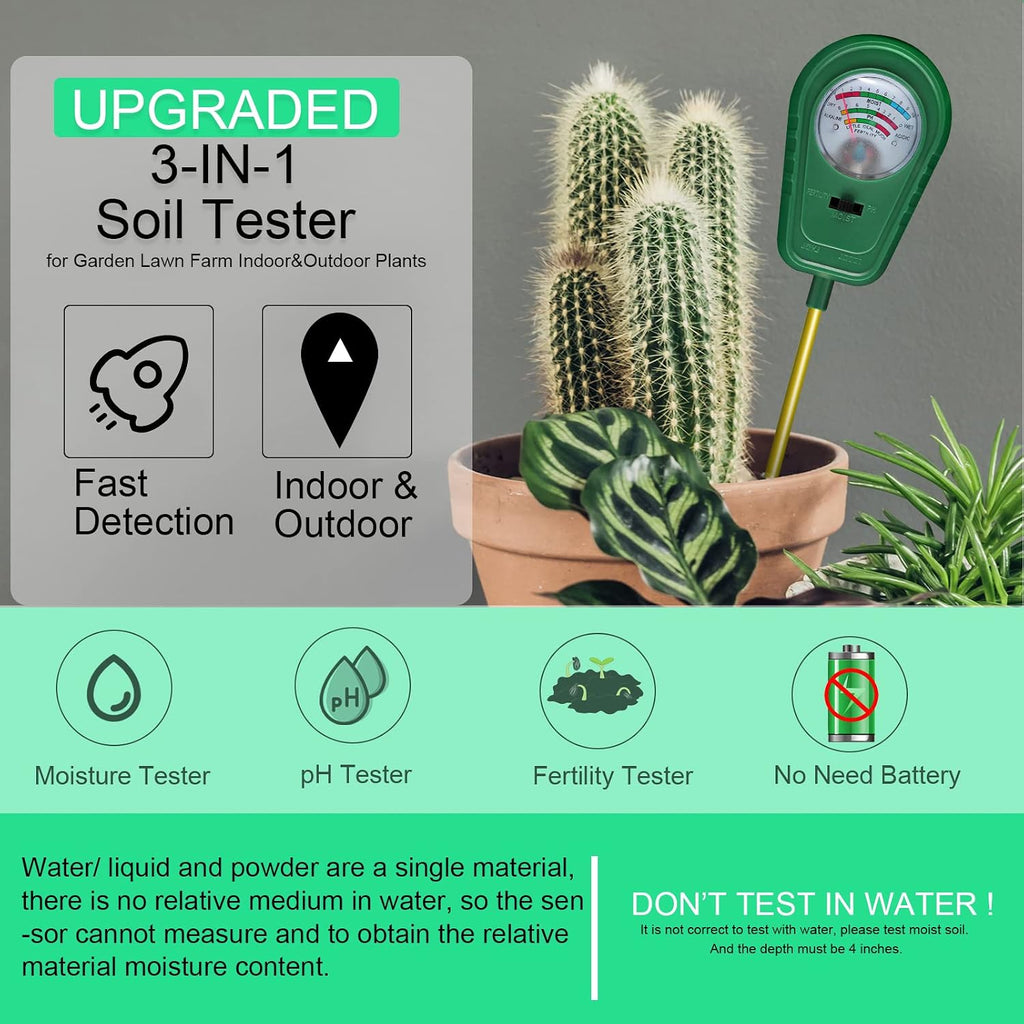 3-in-1 Soil Test Kit, Soil Moisture Meter/Soil ph Meter/Fertility Soil Tester, Soil Hygrometer for Garden, Farm, Plant