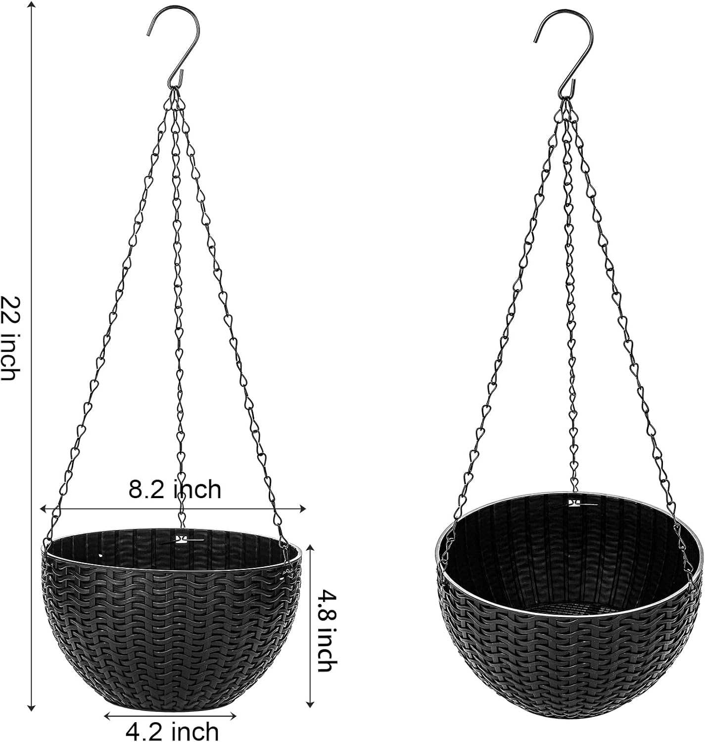 Foraineam 4 Pack Black Hanging Planters, 8.2 inch Hanging Flower Basket Planter Pots, Garden Plant Pot Container