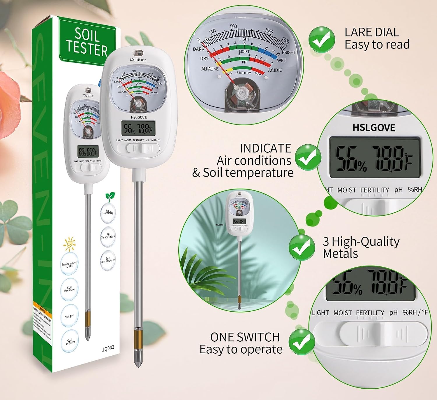 HSLGOVE Soil Test Kit, 7-in-One Soil Moisture Meter/Soil PH Meter/Fertility, Dual Screen Soil Tester w/Digital Soil