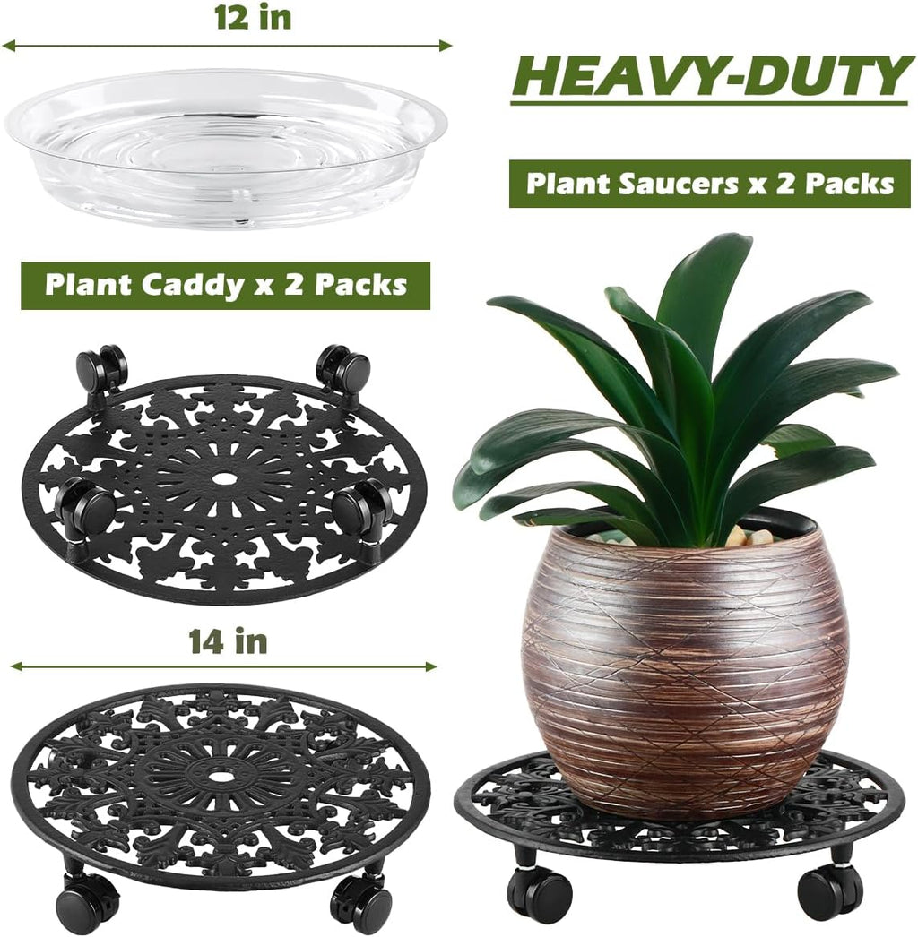 2 Pack Plant Caddy with Wheels, PlanterHoma 14 Inch Metal Plant Stand with Wheels Heavy Duty Wrought Iron Planter Dolly