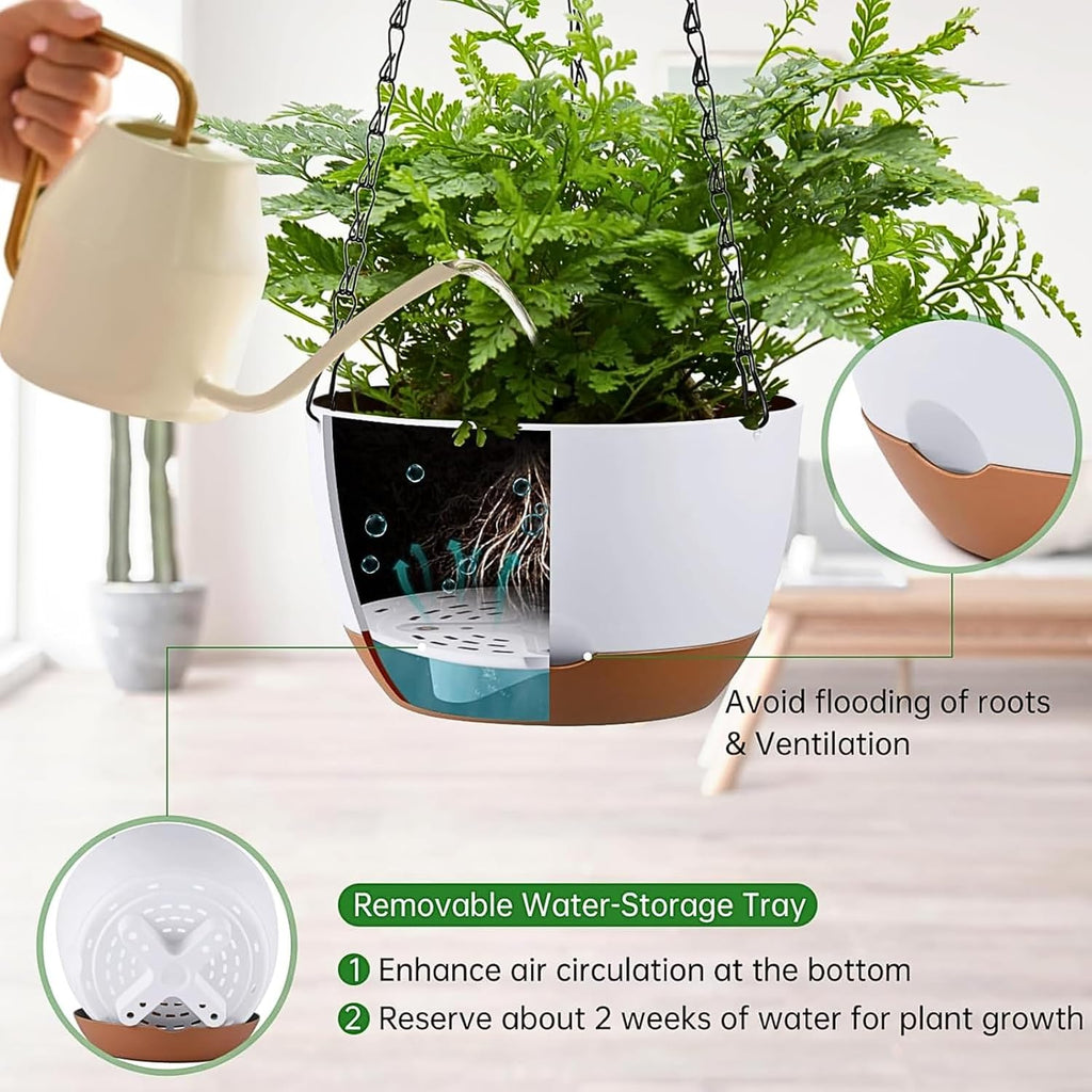 Set of 2-8 Inch Hanging Planters for Indoor Outdoor Plants | Self-Watering Hanging Flower Pots with Drainage Hole &