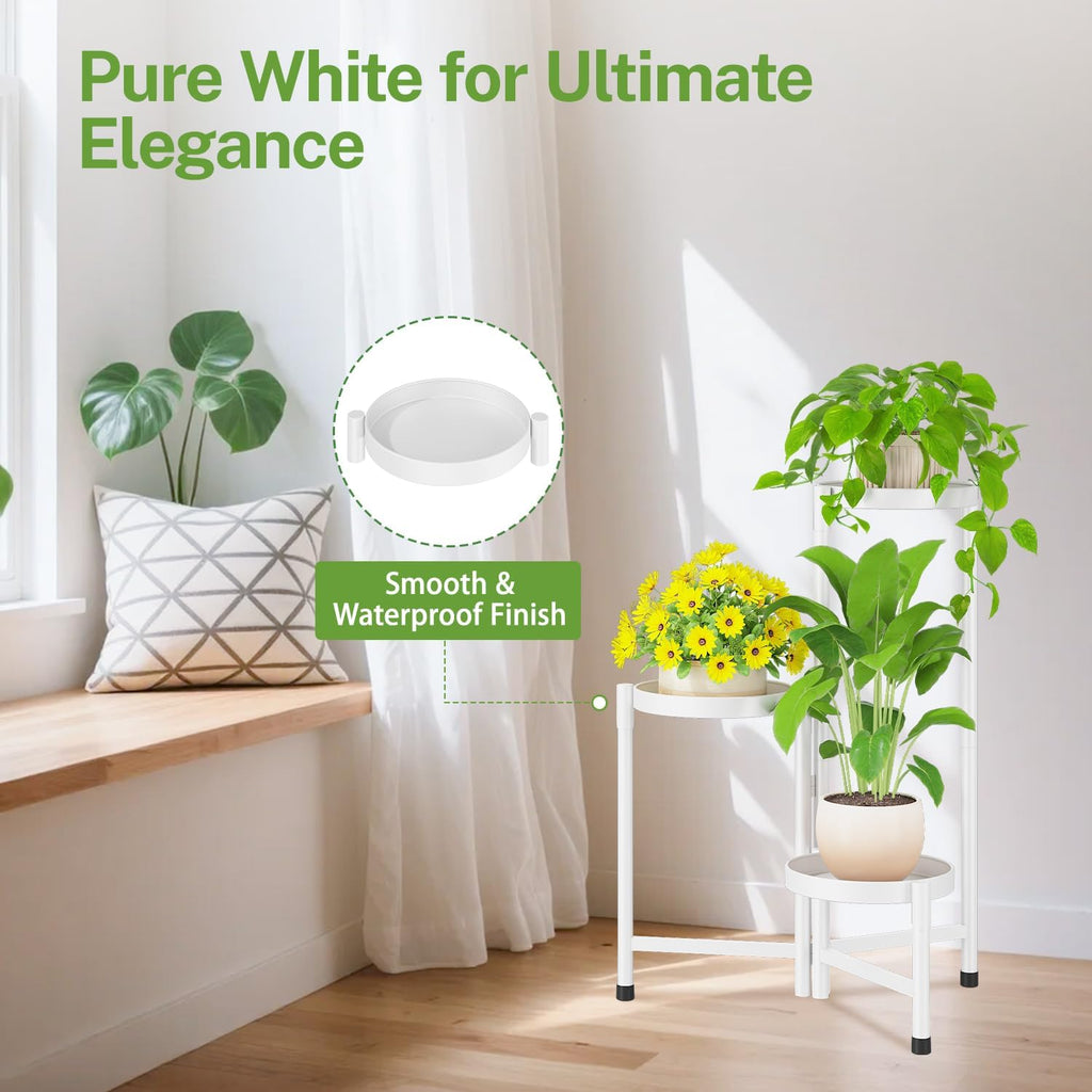 iDavosic.ly Plant Stand Indoor Outdoor, 3 Tier Metal Corner Shelf, White | Tiered Flower Display Holder, Folding Multi