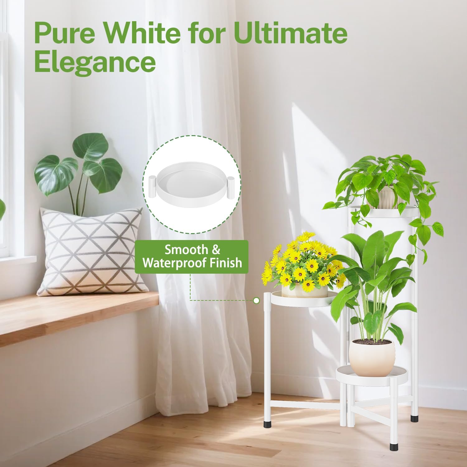 iDavosic.ly Plant Stand Indoor Outdoor, 3 Tier Metal Corner Shelf, White | Tiered Flower Display Holder, Folding Multi