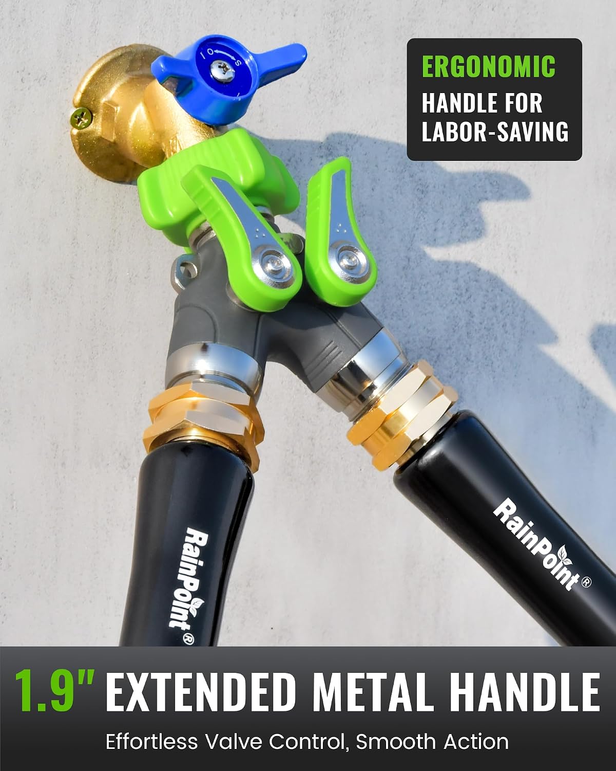 RAINPOINT 2 Way Garden Hose Splitter | Heavy Duty Water Spigot Splitter with Shutoff Valves, 100% Metal Body, 1.9"