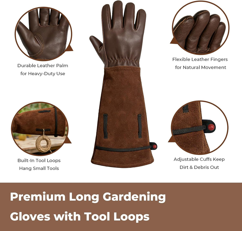 Aegend Women’s Garden Gloves, Long Elbow Cuff Adjustable Strap, Sun & Dirt Protection, Cowhide Leather, Breathable
