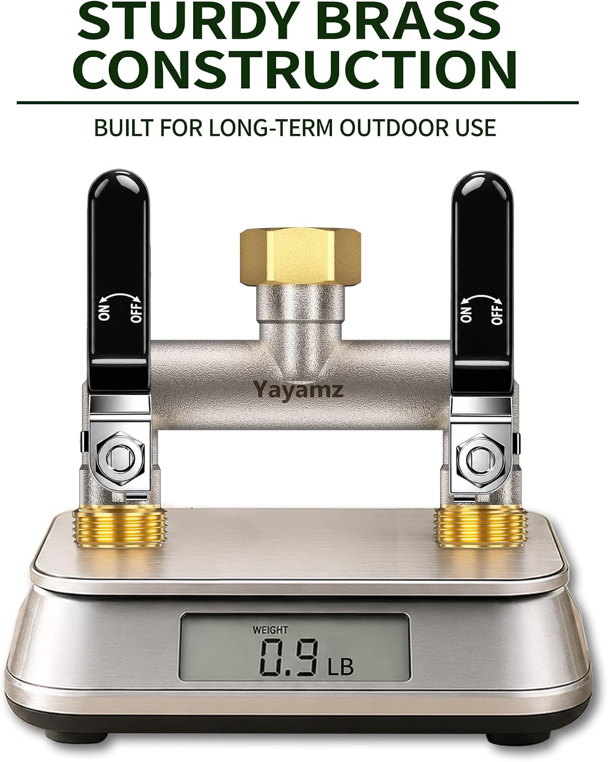 2 Way Garden Hose Splitter, 3/4" GHT Outdoor Faucet Splitter | Heavy-duty Solid Brass Body, Easy-turn Handles &