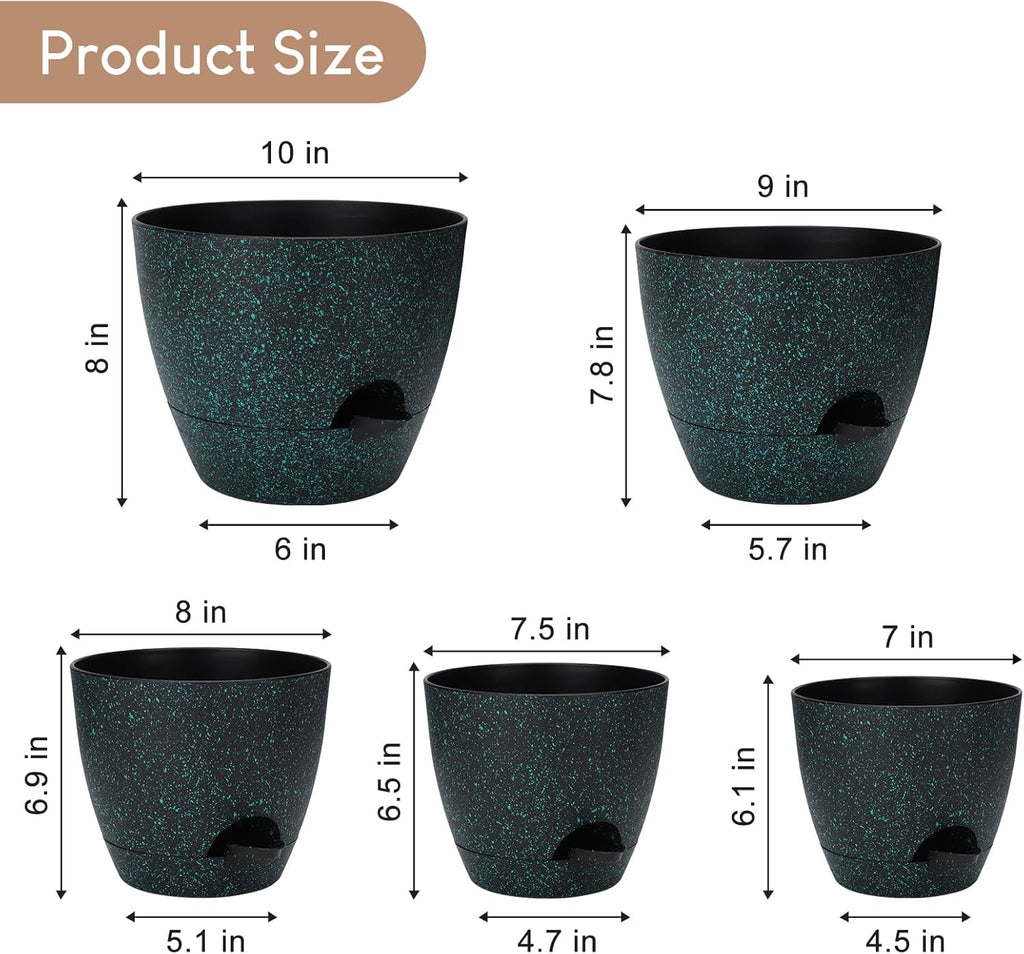 YNNICO Plant Pots 10/9/8/7.5/7 inch, Self Watering Planters with Drainage Holes & Saucers for Indoor and Outdoor Plants