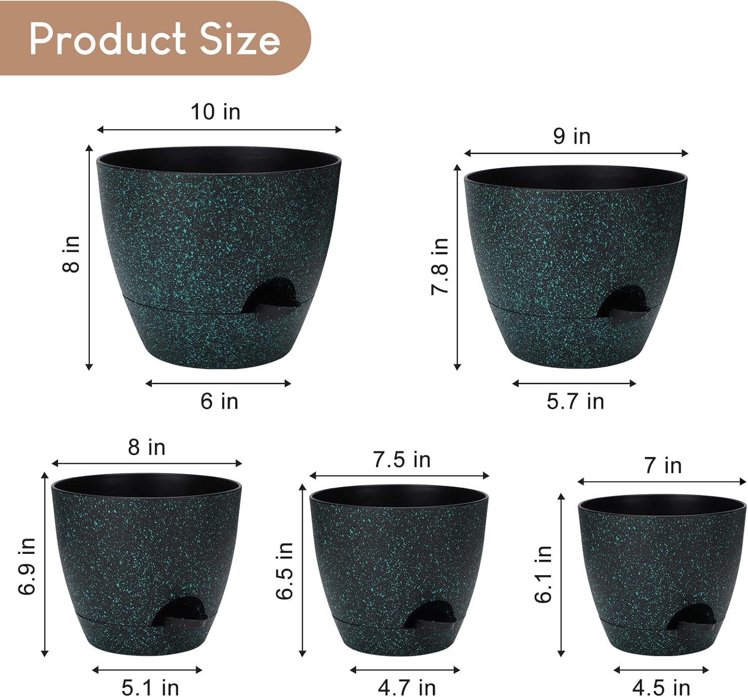 YNNICO Plant Pots 10/9/8/7.5/7 inch, Self Watering Planters with Drainage Holes & Saucers for Indoor and Outdoor Plants