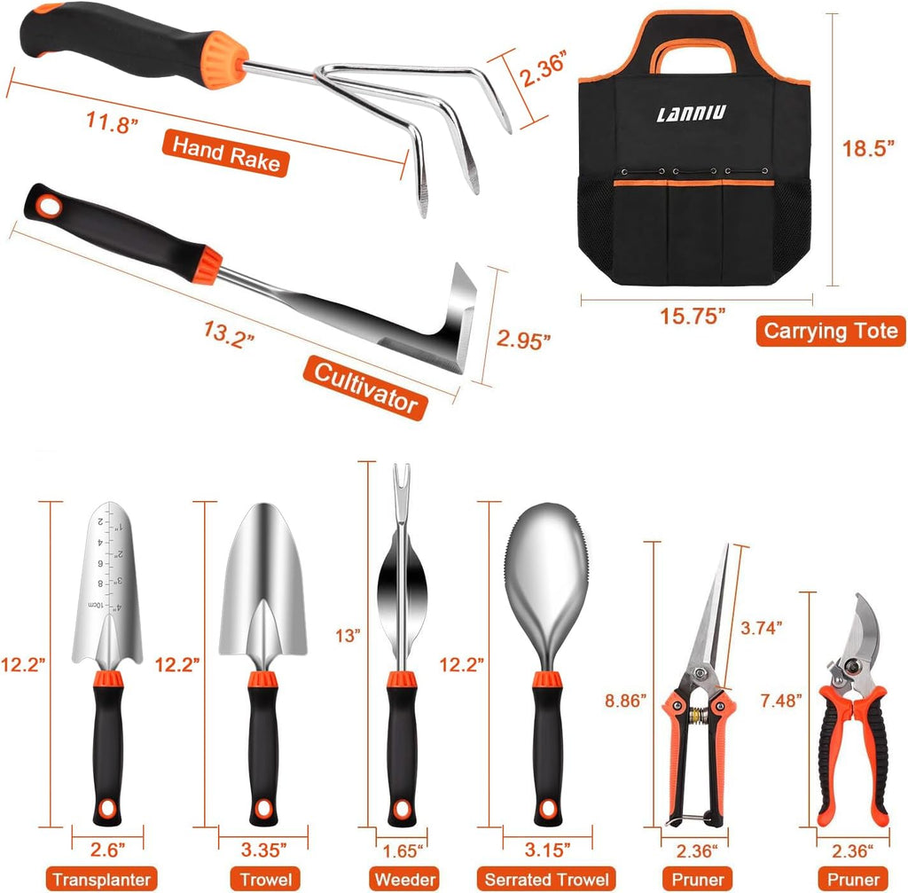 9 Piece Garden Tool Set | Heavy Duty Stainless Steel, Ergonomic Non-Slip Rubber Handles, Pruning Shears, Trowel, 600D