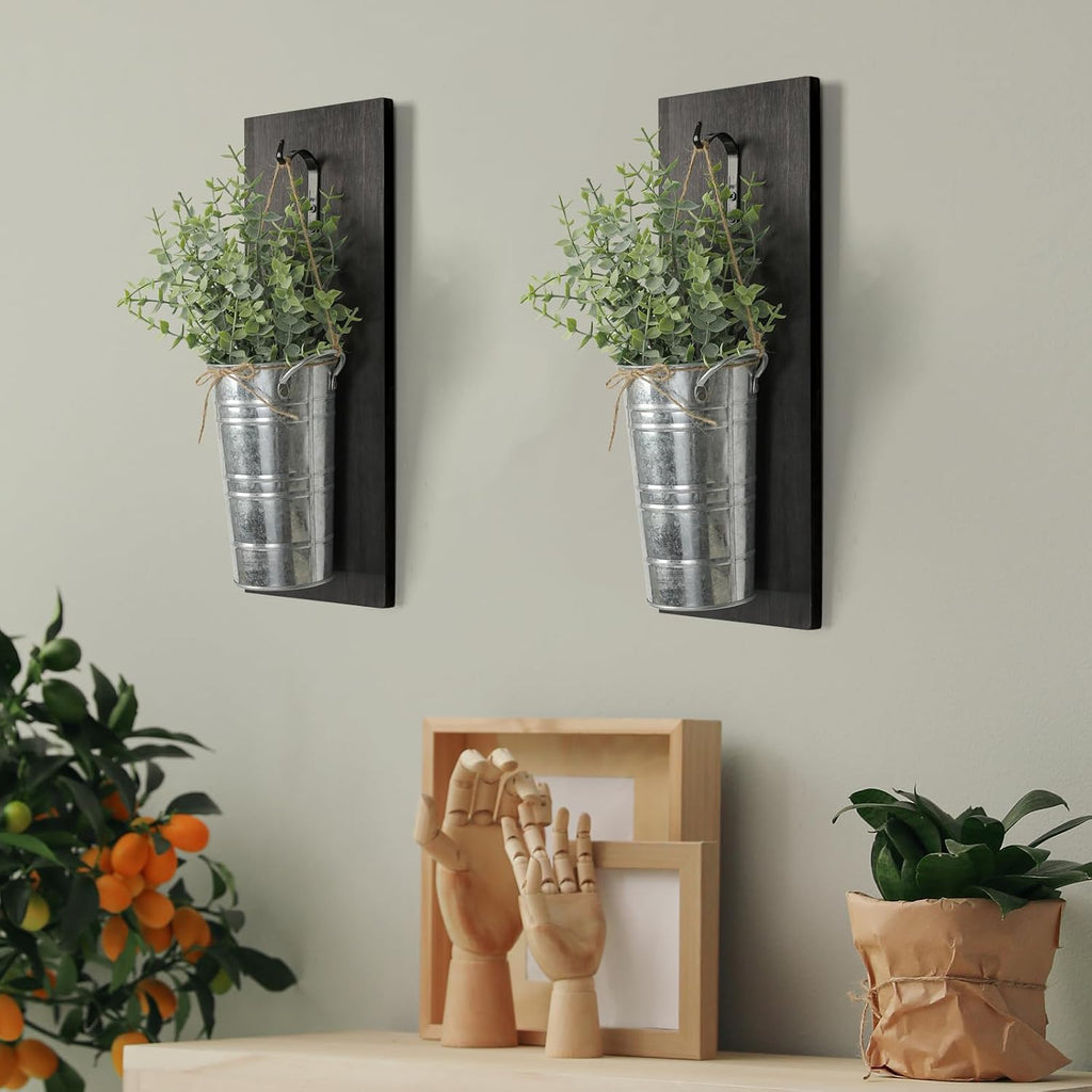 SHOHAYTO Farmhouse Wall Decor Set of 2 - Wood Hanging Planters with Artificial Eucalyptus, Rustic Vertical Pocket Vases
