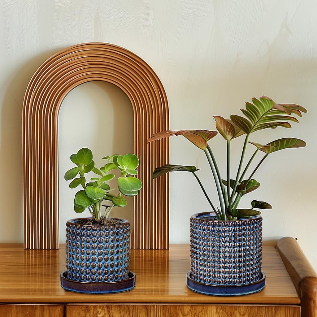 Set of 2 Ceramic Planter Pots with Drainage Hole and Saucer, Round Flower Pot Hobnail Modern Planter Pots for Indoor &