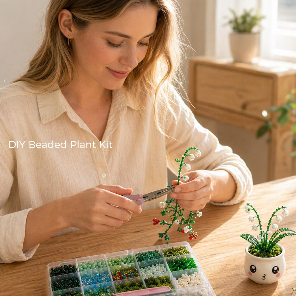 Vittqsuier 4607pcs DIY Green Glass Beads Plant Kit, Includes 4 Mini Vase Magnets for Fridge, 2 Plant Pots, Perfect for