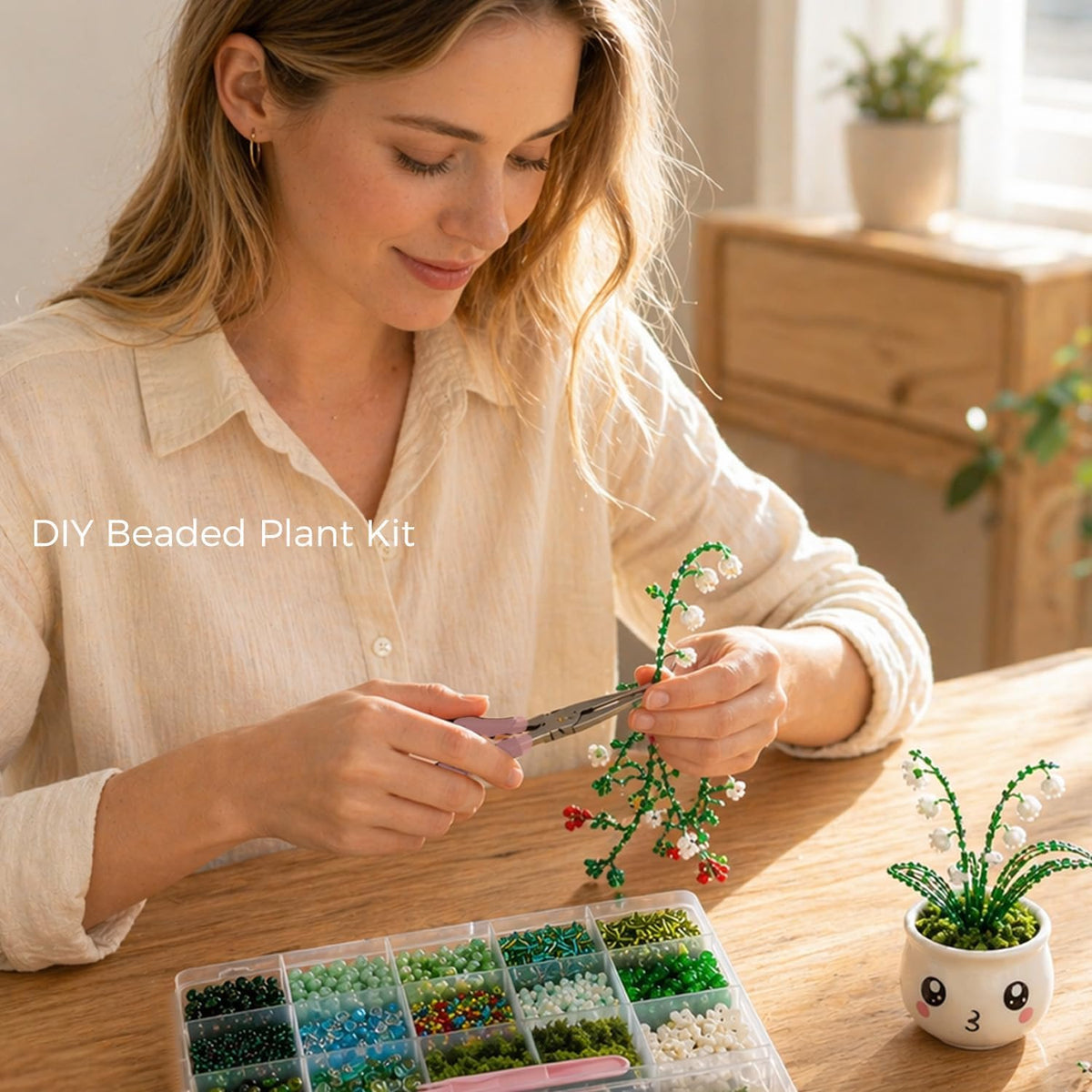 Vittqsuier 4607pcs DIY Green Glass Beads Plant Kit, Includes 4 Mini Vase Magnets for Fridge, 2 Plant Pots, Perfect for