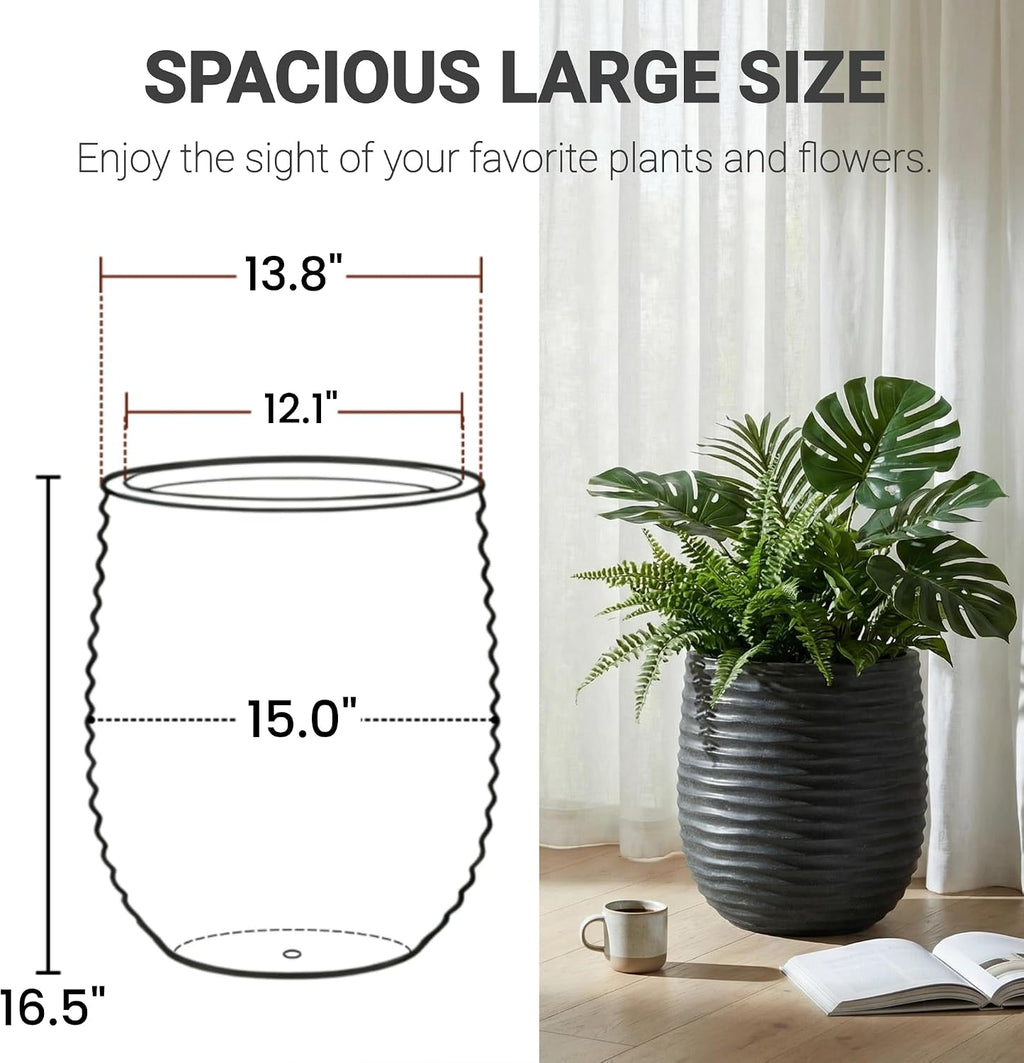 15" Dia x 16.5" H Concrete Planter with Wavy Texture, Black - 1 Pack | Large Flower Pot with Drainage Hole and Silicone