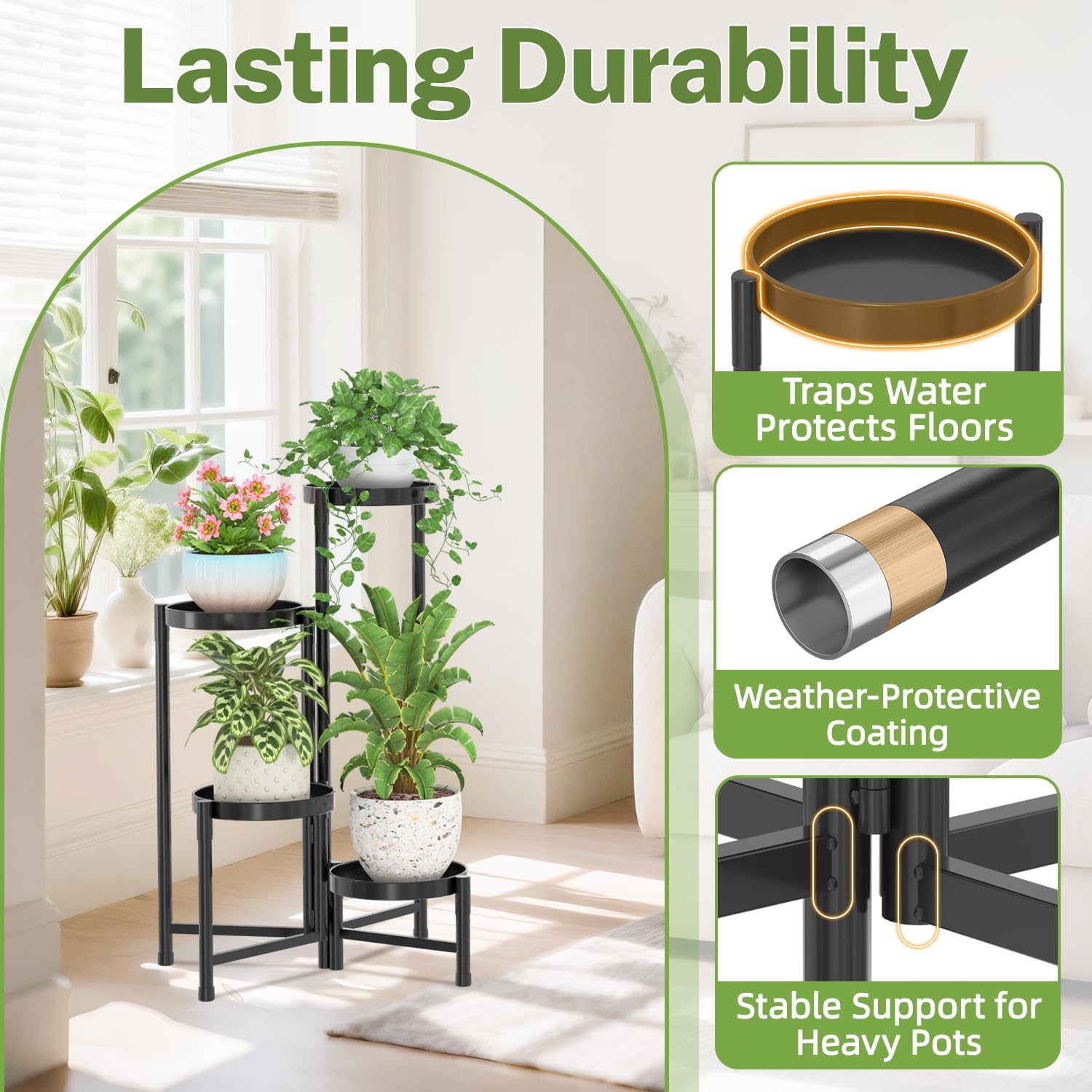 iDavosic.ly Plant Stand Indoor Outdoor, 4 Tier Metal Corner Shelf, Black | Tiered Flower Display Holder, Folding Multi