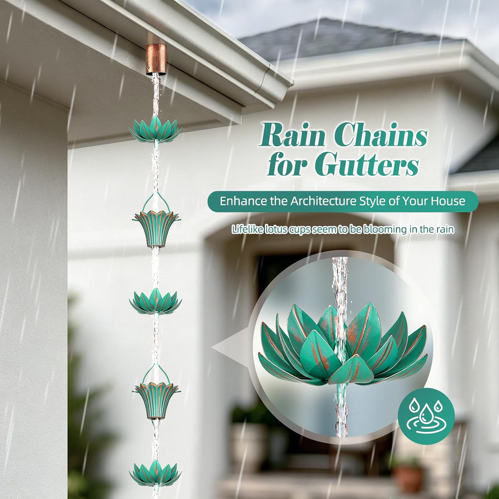 10 FT Lotus Rain Chain with Adapter for Gutters Downspouts Outside | Large Opening to Avoid Splashing, Adjustable