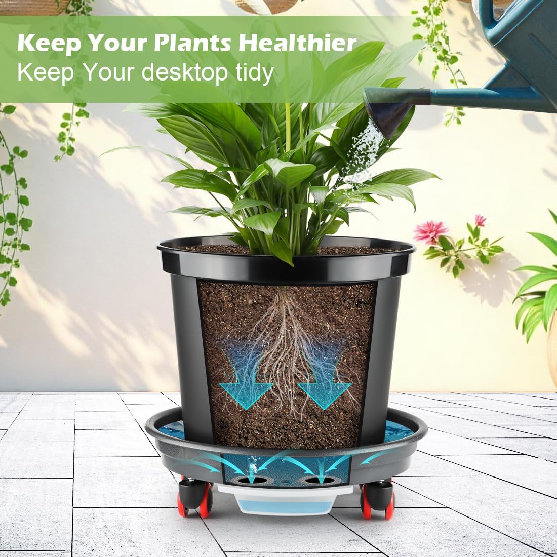 RooTrimmer 3 Pack 16 Inch Rolling Large Plant Pots | Heavy duty plastic planters with wheeled saucers and drainage