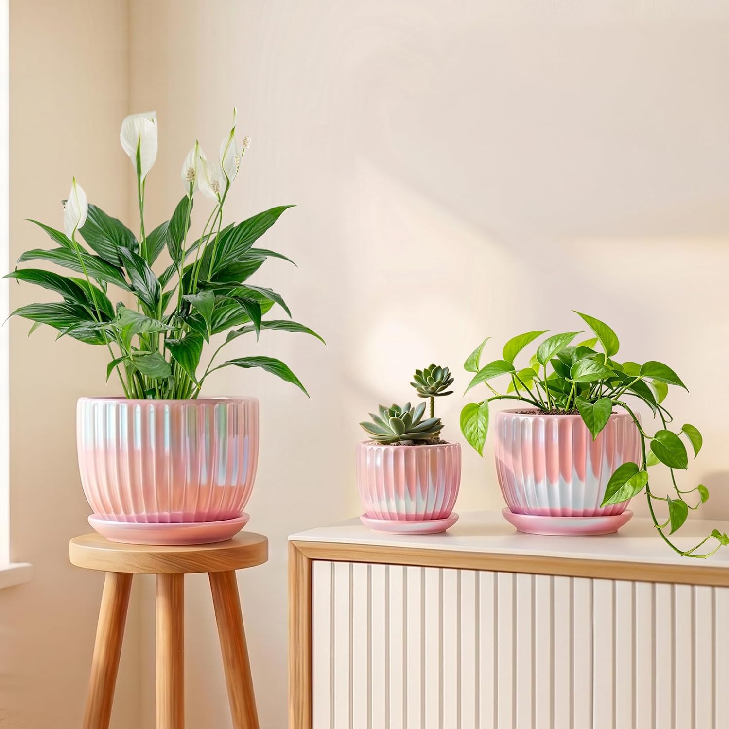 Pink Plant Pots，Ceramic Planters with Drainage Holes and Saucers Set of 3 | Ceramic Planters for Indoor Plants | Cute