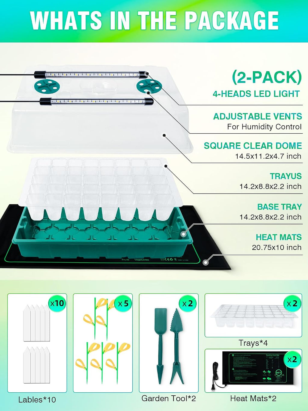 Seed Starter Tray with Grow Lights and Heat Mat, 3-in-1 Soil Meter, 80-Cell Seed Growing Tray, Germination & Plant