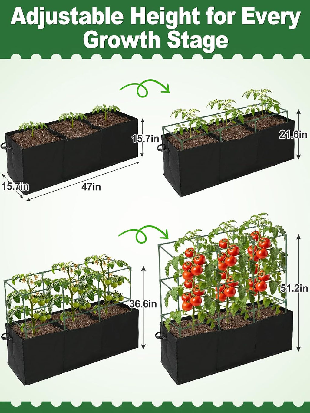 Tomato Cage with 3 Compartment 51 Gallon Grow Bag - 47" L × 15.7" W × 45" H Heavy Duty Square Tomato Planter Trellis