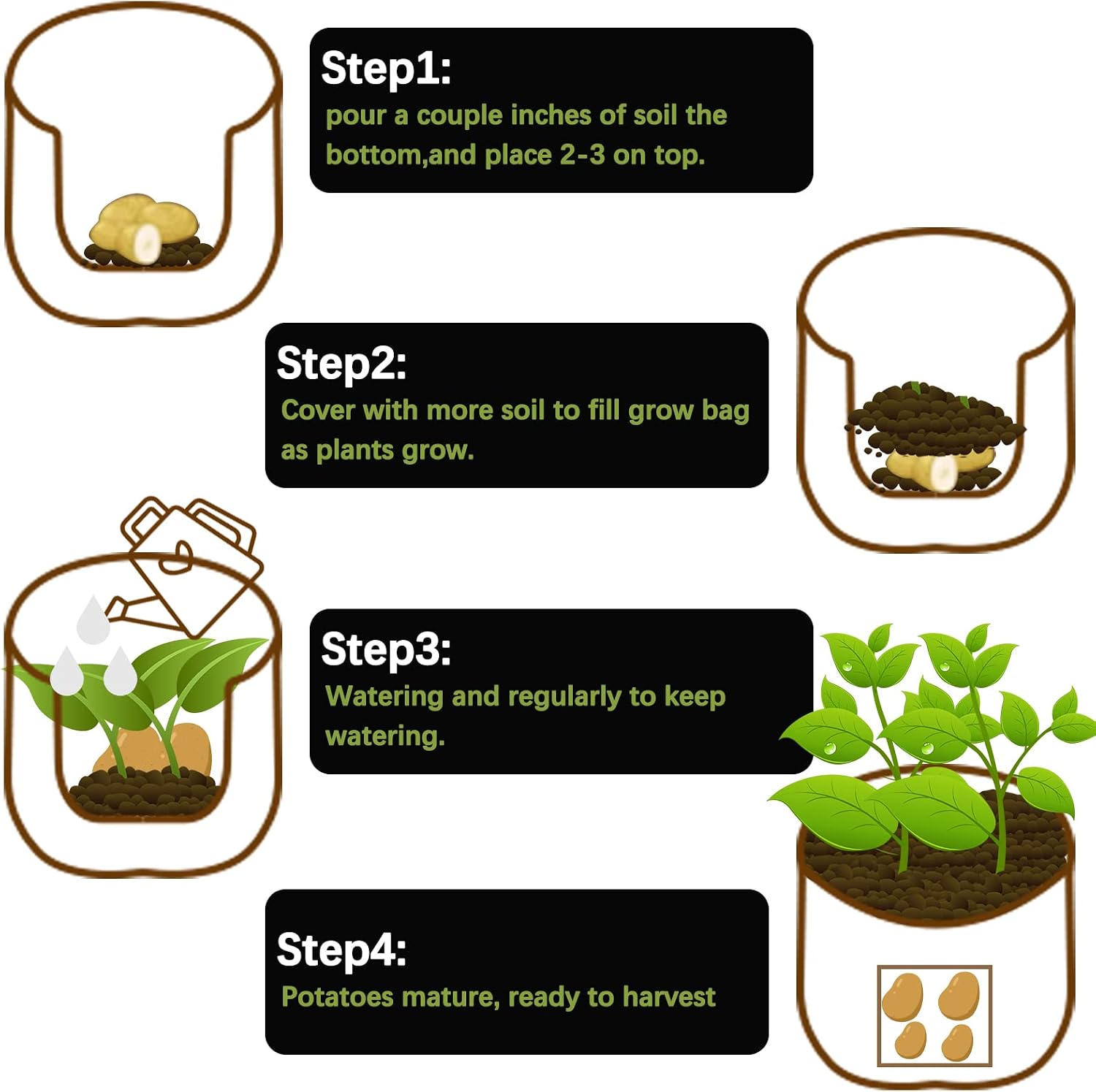 TCBWFY 20Gallon Potato Grow Bags with 2 Flaps,4 Pack Heavy Duty 14oz/yd² Potato Grow Bags,Planting Bag with Sturdy