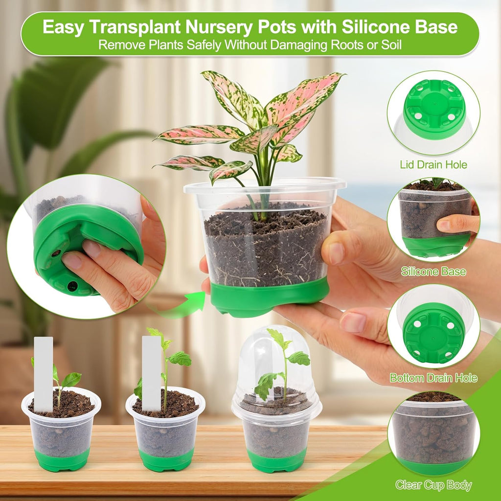 59Pcs Clear Nursery Pots Kits with Grow Light Includes 22 Pack 4'' Seed Starter Pots with Silicone Base & Lids, Clear