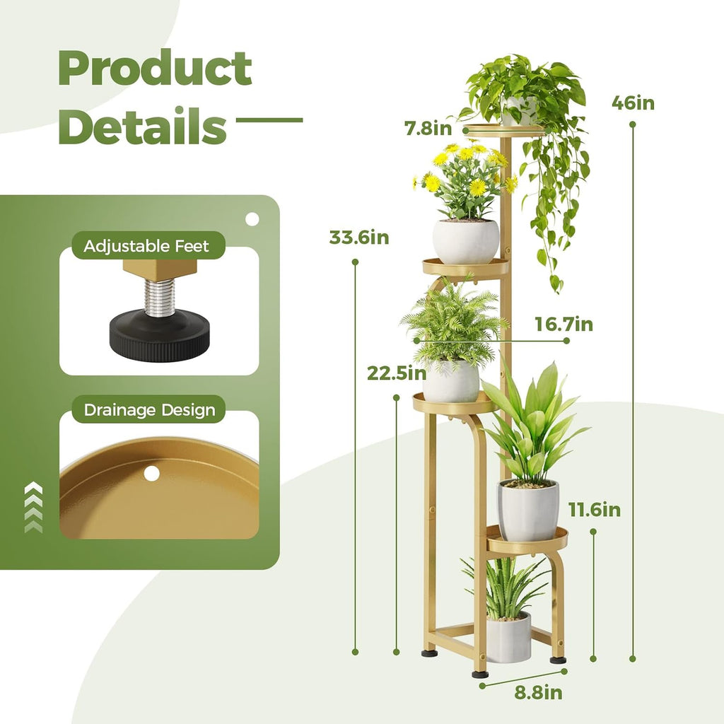 Bamworld Corner Plant Stand Indoor Outdoor Tall Metal Flower Pot Stands | 4 Tier Gold Heavy Duty Plant Shelf for Patio