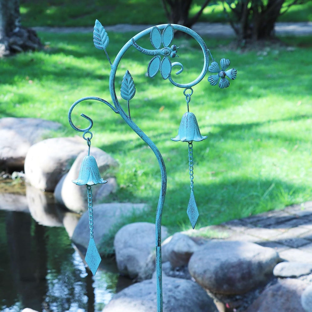 Dragonfly Metal Garden Art,Decorative Garden Stake with Bells for Outside | 46.8"H Dragonfly Garden Decor,Wind Chime