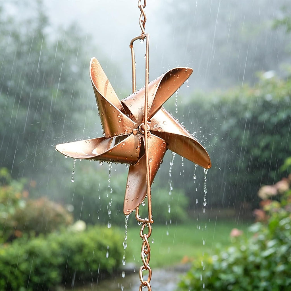 6 FT Rain Chain with 6 Windmill Cups Outdoor Gutter Downspout Decor | Rain Chains for Gutters, Windmill Rain Catcher