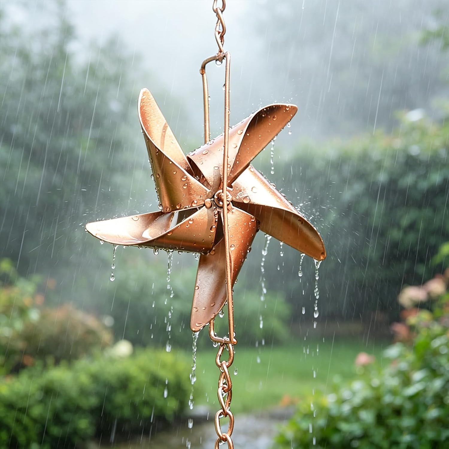6 FT Rain Chain with 6 Windmill Cups Outdoor Gutter Downspout Decor | Rain Chains for Gutters, Windmill Rain Catcher
