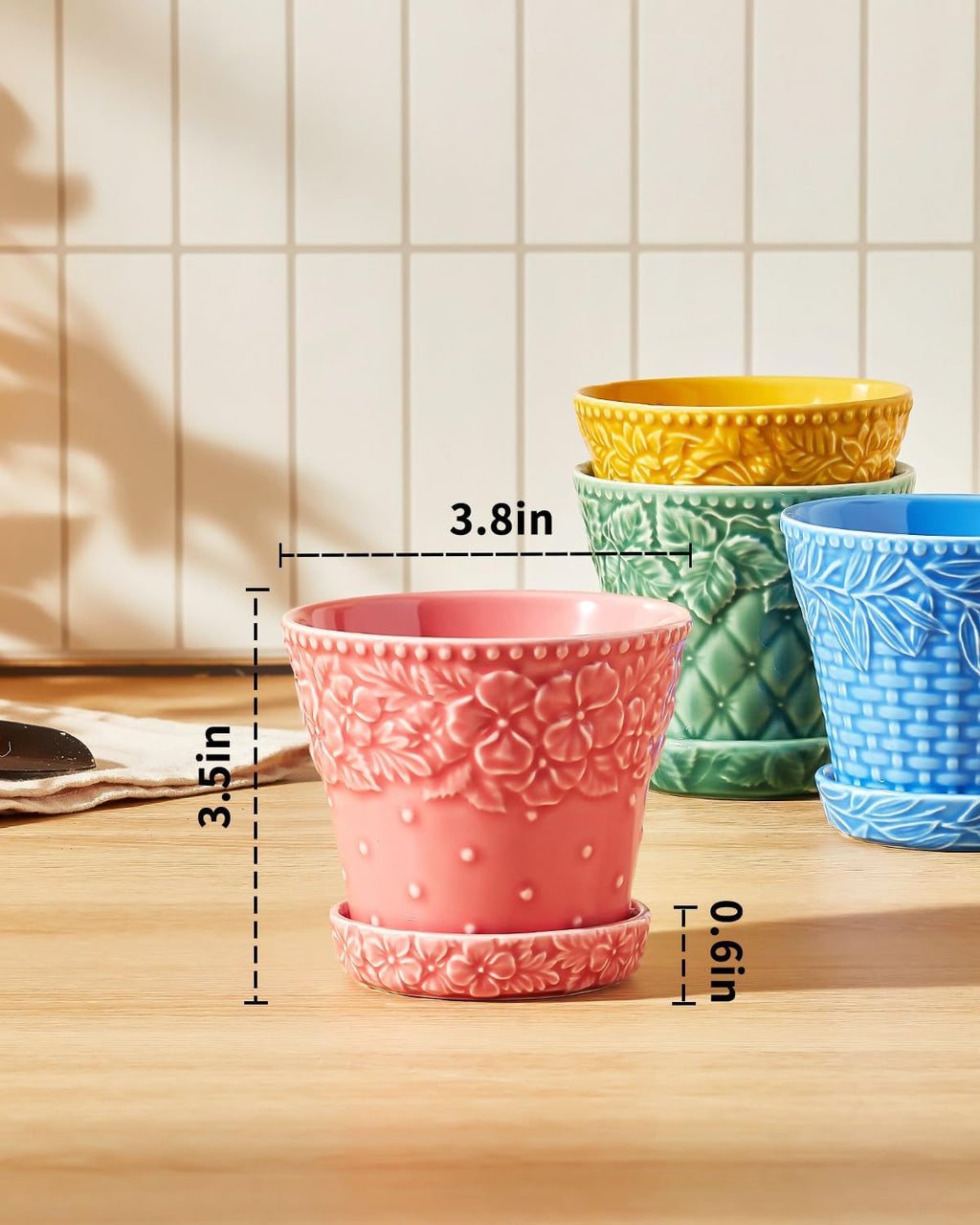 Metahom Succulent Ceramic Pots, 3.8 Inch Small Plant Pots with Drainage Hole & Saucer, Flower Planter Pot for House