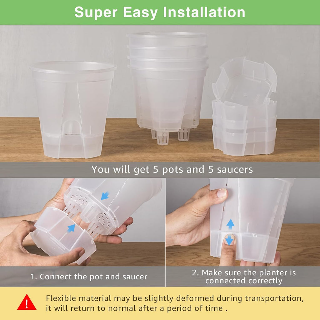 GREENPARA 5 Inch Clear Self Watering Planter, Plant Pot with Reservoir | Clear Reservoir • Visible Water Level •