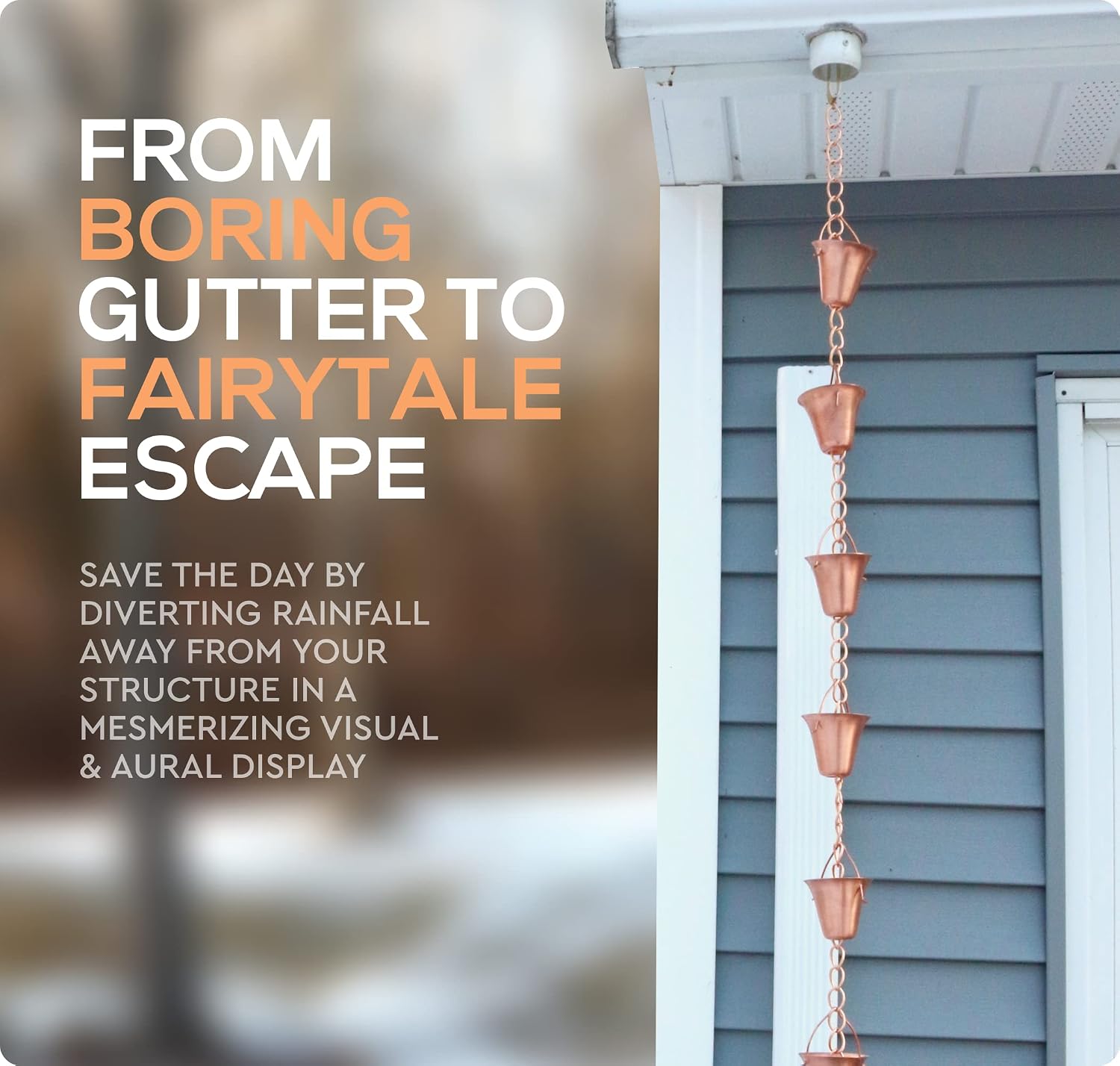 Copper Rain Chain – Decorative Chimes & Cups Replace Gutter Downspout & Divert Water Away from Home for Stunning