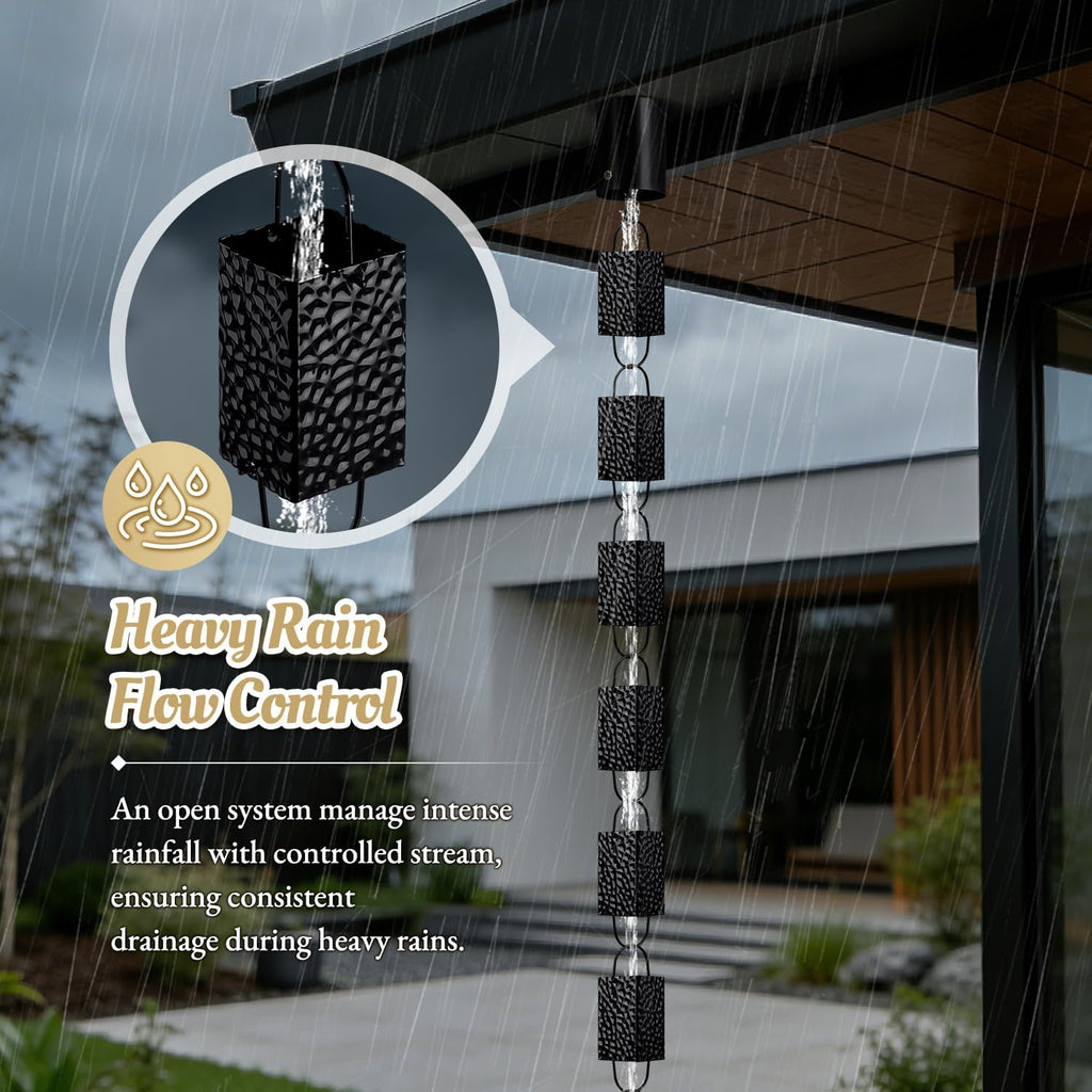 Rain Chains for Gutters Outside Black with Adapter 8.5FT 16 Cups | Square Rain Catcher Chain for Heavy Rain,Rust