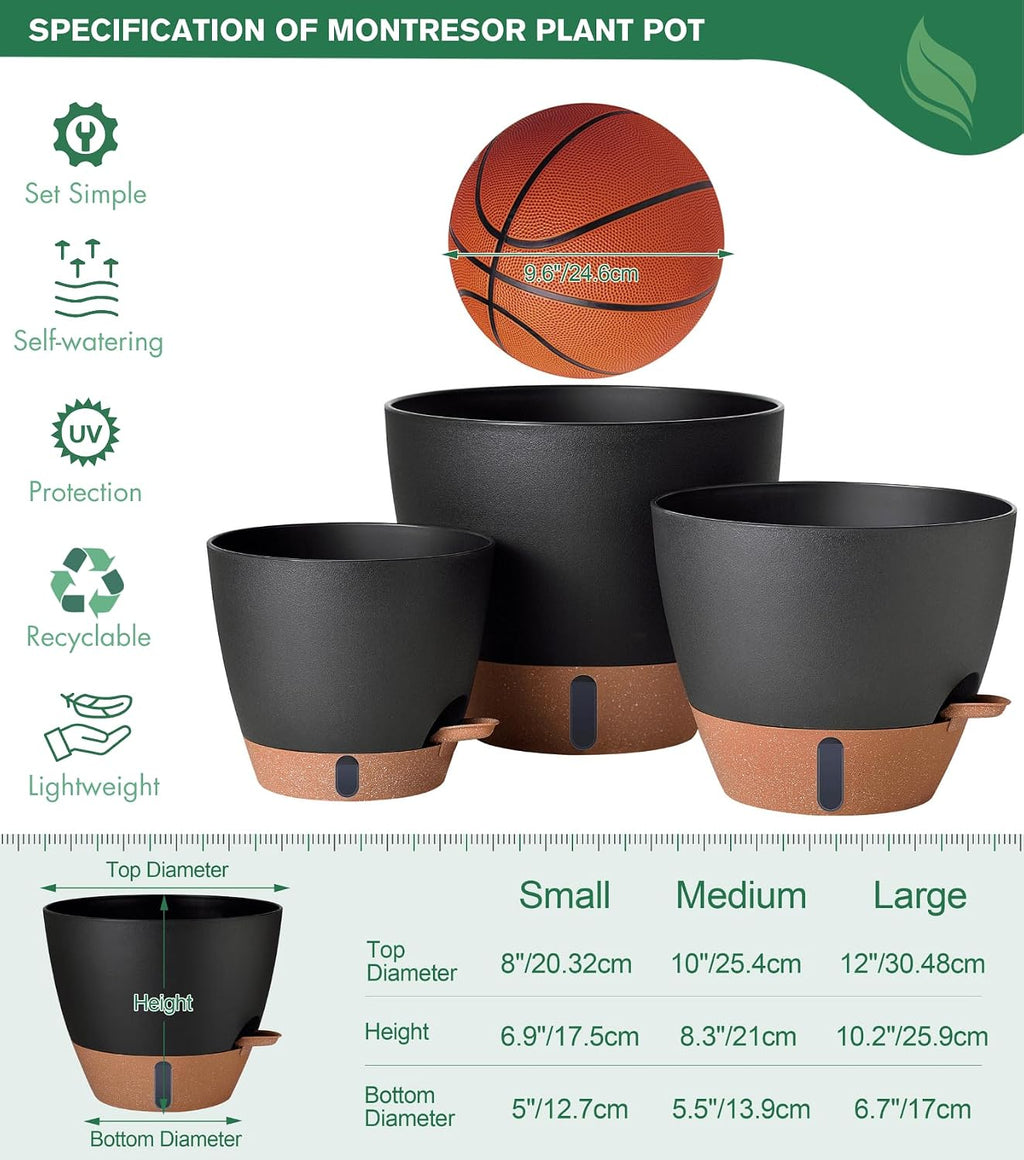 montresor 12/10/8 Inch Self Watering Pots for Indoor Plants Plastic Large Plant Pots for Outdoor Plants, Water Level
