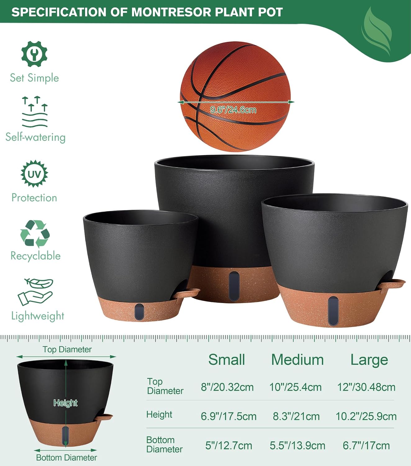 montresor 12/10/8 Inch Self Watering Pots for Indoor Plants Plastic Large Plant Pots for Outdoor Plants, Water Level