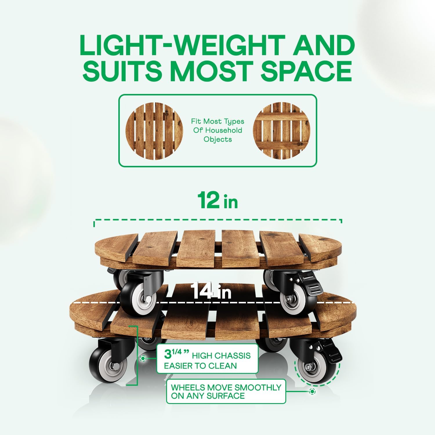 Combo 12 Inch and 14 Inch Acacia Wood Rolling Round Planter Caddies for Plant Pots, Heavy Duty Plant Stand with 360°