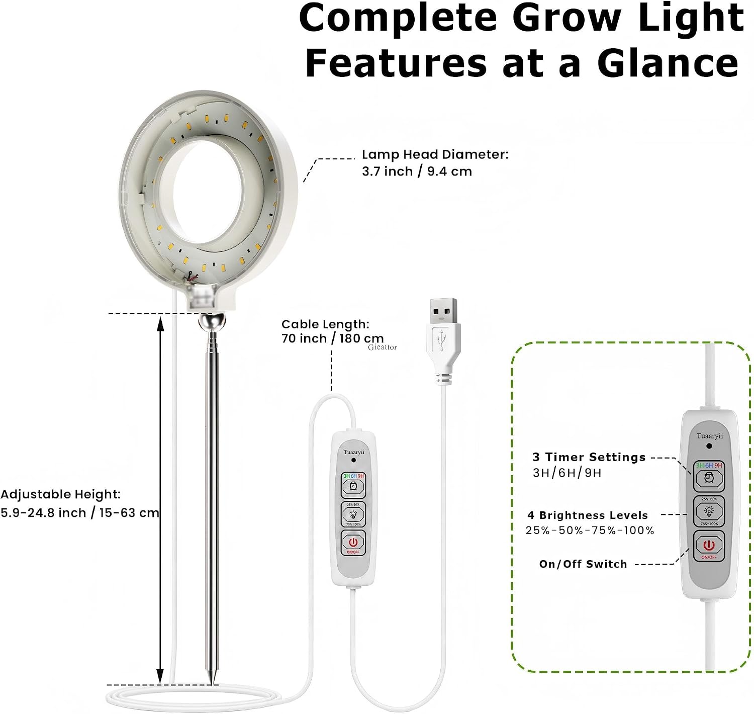 Tuaaryii Grow Lights for Indoor Plants - Plant Grow Lights Indoor, with 3/6/9 Auto On/Off Timer and 4-Level Brightness